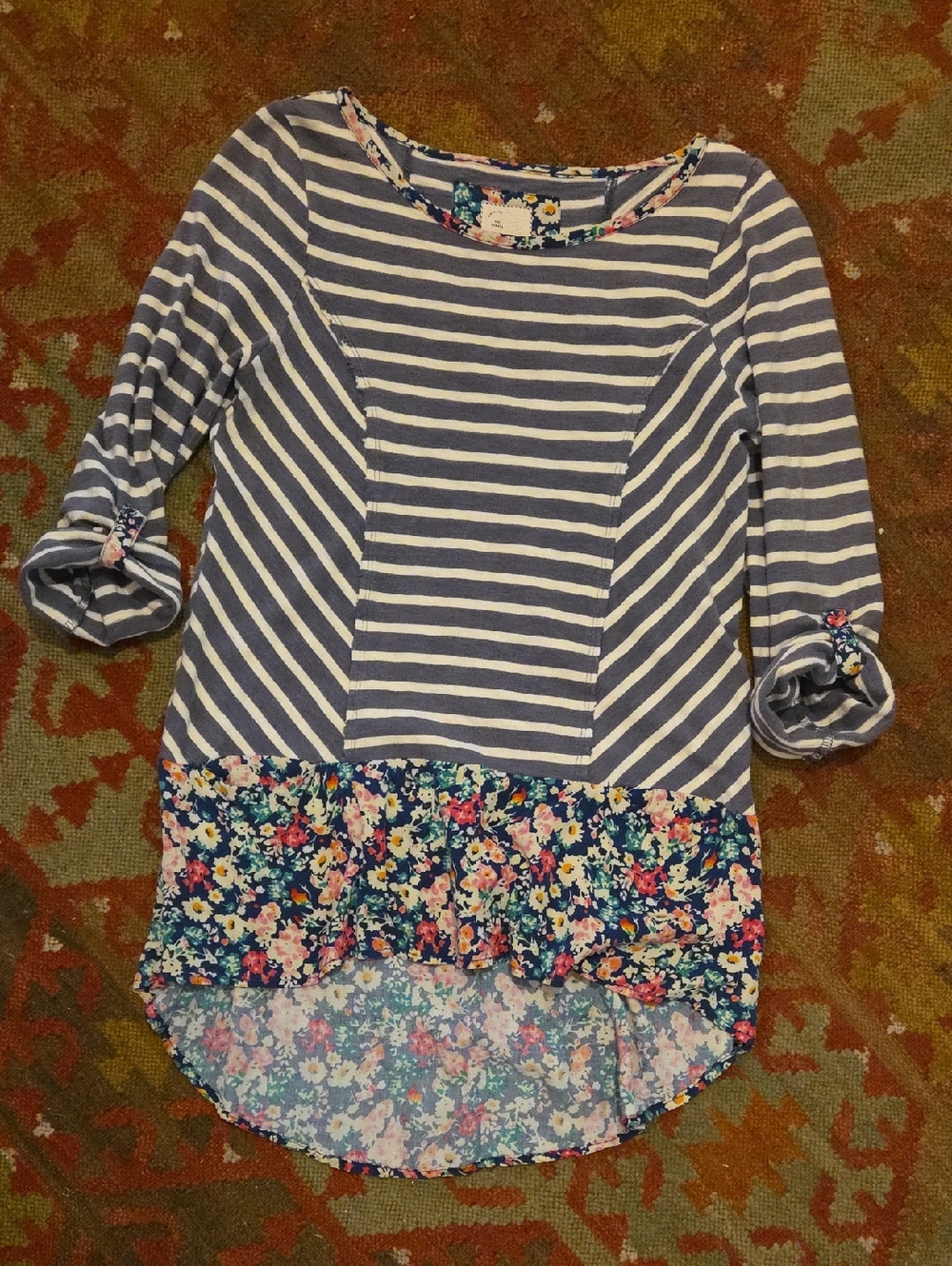 Anthropologie Blue and White Striped Tunic with Hi lo Floral Hem